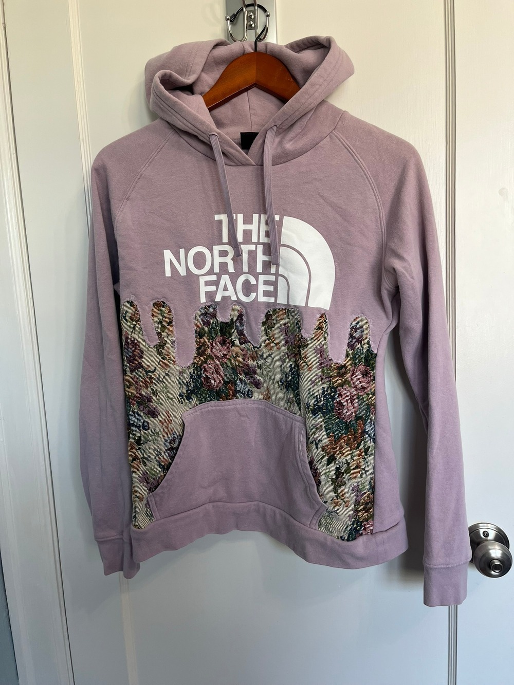 Reworked North Face Hoodie Women's M Lilac Floral Tapestry Custom One of a Kind